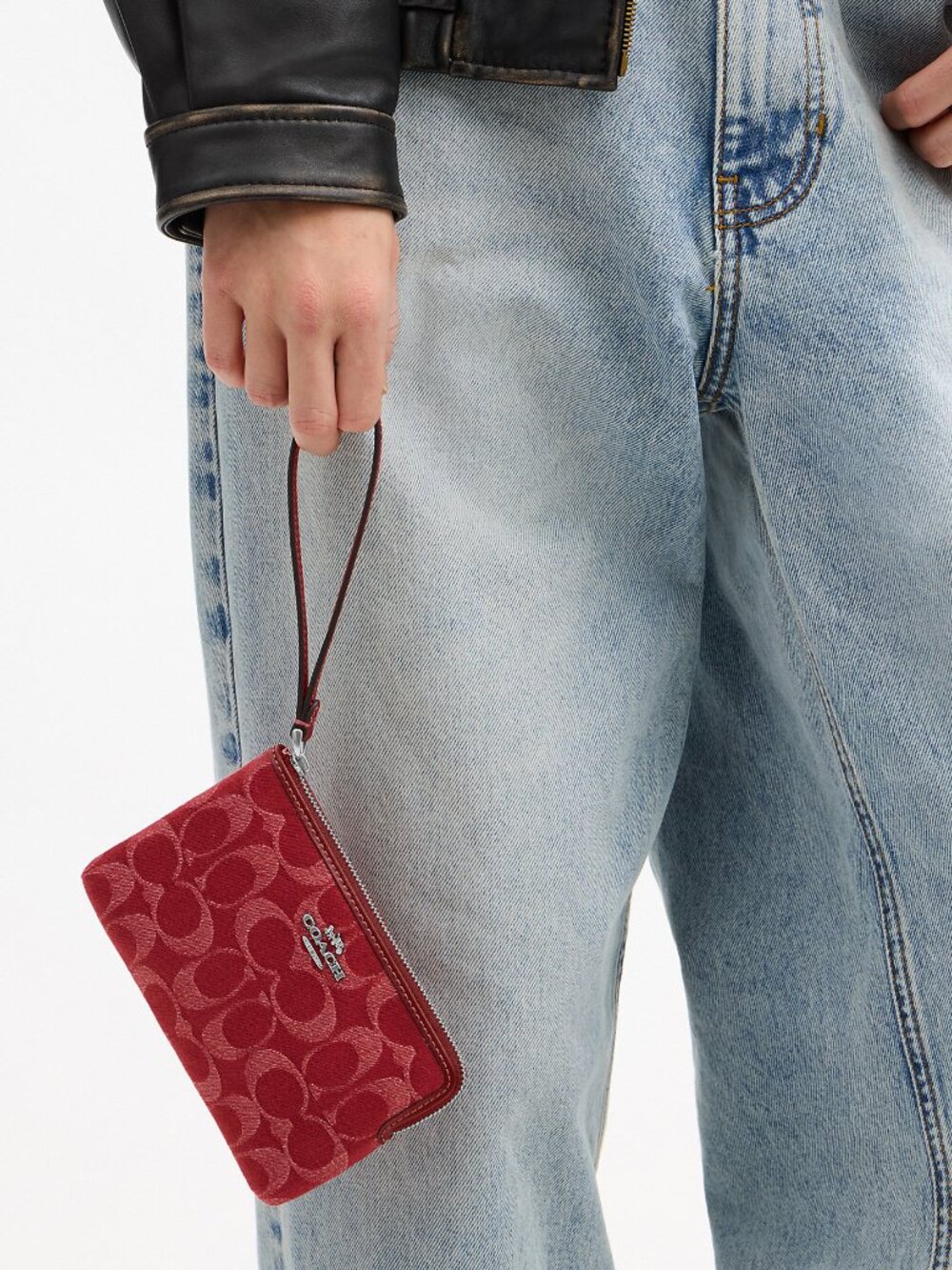 Coach Corner Zip Wristlet In Signature Denim